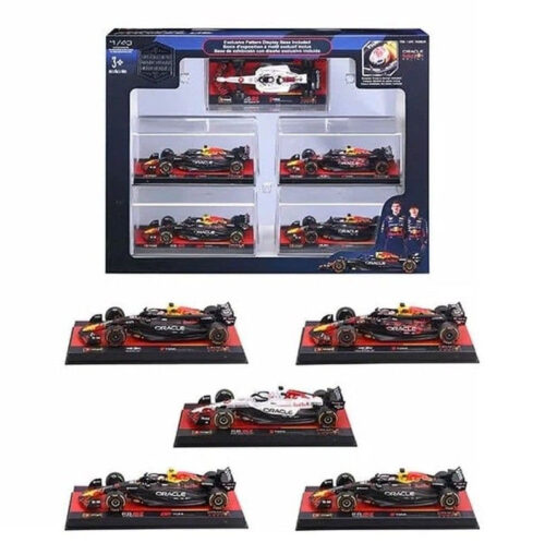 1:43 Set 5 piezas Red Bull F1: RB20 2024 British GP Max Vertappen, RB20 2024 Bahrain GP Max Vertappen, RB21 2025 Bahrain GP Max Verstappen, RB21 2025 Bahrain GP Yuki Tsunoda, RB21 2025 Japon GP Max Verstappen